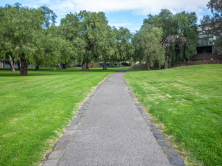 Asphalt footpath/walkway in park with green grass and trees.