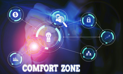 Handwriting text writing Comfort Zone. Conceptual photo place or situation where one feels safe and without stress Woman wear formal work suit presenting presentation using smart device
