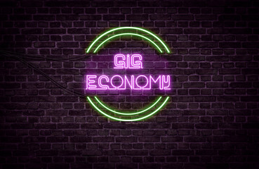 A green and purple neon light sign that reads: Gig economy