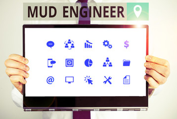 Word writing text Mud Engineer. Business photo showcasing liable for making mixture of fluids used in drilling process Male human holding thick textured cardboard of business promotion concept