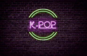 A green and purple neon light sign that reads: K-POP