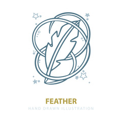 Feather. Isolated hand drawn nib illustration.  Majestic feather sketch drawing. Creative authors concept.
