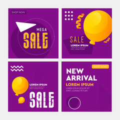 Purple banner design. Yellow poster, Gift card, Sale voucher, Header, Facebook banner. Vector, Illustration