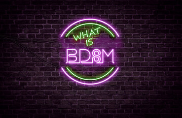 A green and purple neon light sign that reads: What is BDSM