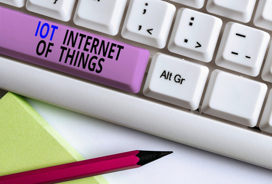 Text sign showing Iot Internet Of Things. Business photo showcasing Network of Physical Devices send and receive Data White pc keyboard with empty note paper above white background key copy space