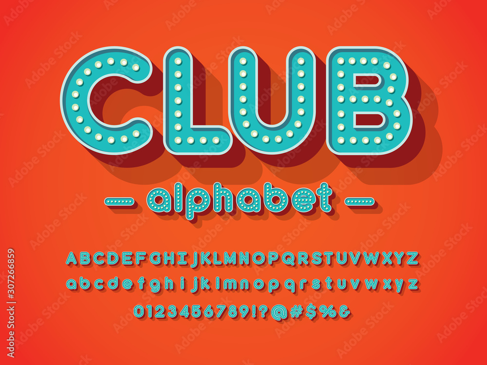 Poster light bulb style alphabet design with uppercase, lowercase, numbers and symbols