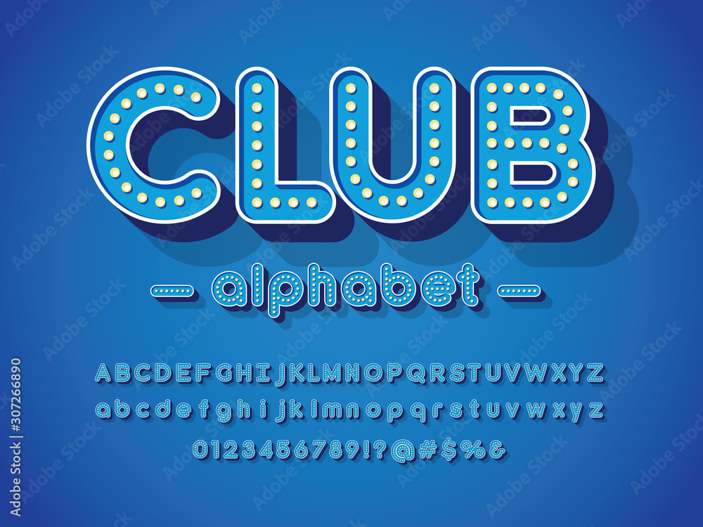 Poster light bulb style alphabet design with uppercase, lowercase, numbers and symbols