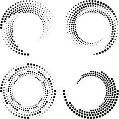 Set of halftone dots in circle form. Dotted lines. White background. Abstract shapes. Design element for frames, logo, sign, symbol, prints, web pages, template and textile pattern
