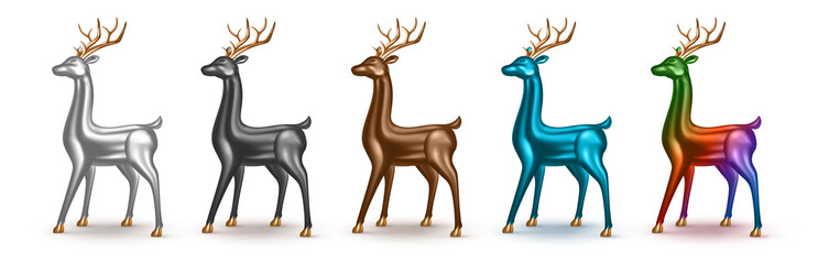 Happy New Year and Merry Christmas. Set of realistic metallic 3d deer with different color. Xmas reindeer isolated on white background. Vector holiday decoration for banner, postcard and greeting card © OV11