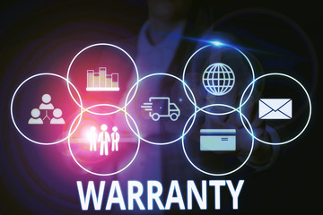 Writing note showing Warranty. Business concept for Free service of repair and maintenance of the...