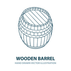 Barrel. Hand drawn wooden barrel vector illustration in engraving style. Vintage whiskey, wine or beer barrel isolated on white background. Part of set.
