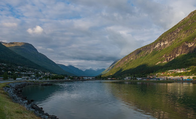Oldedalen valley - one of the most spectacular areas of natural beauty in Norway. Town Stryn and river Strynselva. July 2019