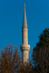 Minaret of Sultan Ahmed Mosque (Sultan Ahmet Camii) also known as the Blue Mosque. Istanbul, Turkey