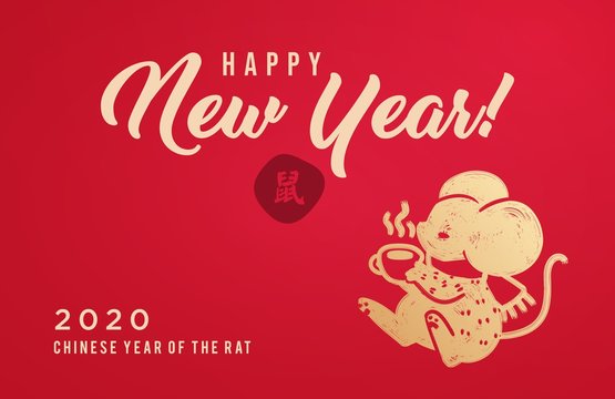 Greeting card in Chinese Style. 2020 Happy New Year Card. Mouse, Rat Symbol of the year. Vector Illustration