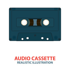 Audio tape cassette. Realistic vintage cassette illustration. Old tape cassette simple flat design on white background. Retro music concept.