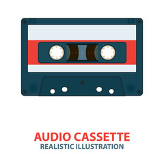 Audio tape cassette. Realistic vintage cassette illustration. Old tape cassette with red label simple flat design on white background. Retro music concept.