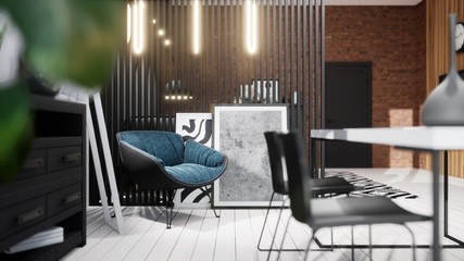 Modern design living room interior in Scandinavian style . 3D rendering