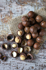 Selective focus. Macadamia nuts The hardest nuts in the world. Keto diet. Keto snack.