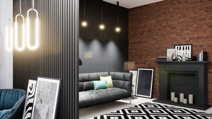 Modern design living room interior in Scandinavian style . 3D rendering