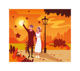 couple of people walking in the park, autumn landscape
