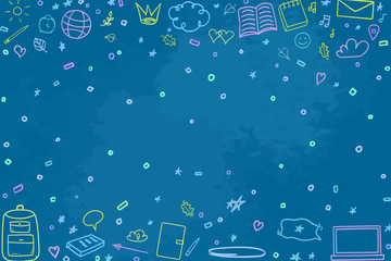 School chalkboard. Background with hand drawn school supplies