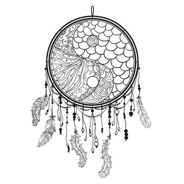 Yin and Yang. Dreamcatcher on white. Black and white illustration