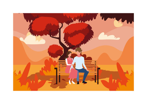 couple of people sitting in park chair , autumn landscape