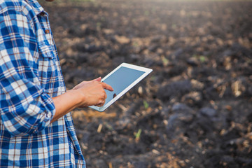 Smart farming, using modern technologies in agriculture. Man agronomist farmer with digital tablet computer in farm.