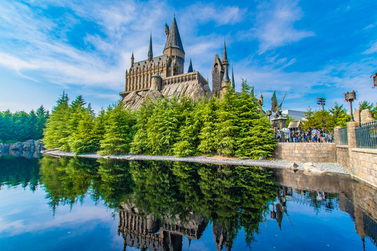 OSAKA, JAPAN - AUGUST 12, 2018: Photo of Hogwarts Castle. The Wizarding World of Harry Potter in Universal Studios Japan. Universal Studios Japan (USJ) is a fun and famous theme park in Osaka, Japan.