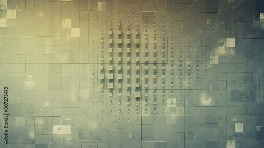 Poster metallic grunge cubes on wall. 3d render seamless loop smooth animation 4k uhd 3840x2160