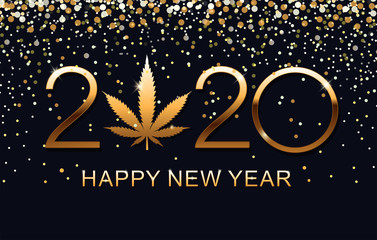Fototapeta na wymiar 2020 Happy New Year background with marijuana leaf. Happy New Year Card. Vector illustration.
