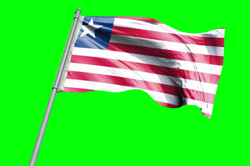 Liberia Flag on Flagpole. Waving Rippled Flag Pole in the Wind.Design llustration in Silk Fabric Texture. Isolated on Chroma Key Green Screen Background