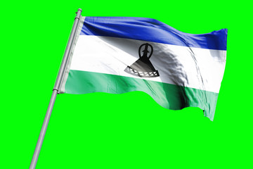 Lesotho Flag on Flagpole. Waving Rippled Flag Pole in the Wind.Design llustration in Silk Fabric Texture. Isolated on Chroma Key Green Screen Background
