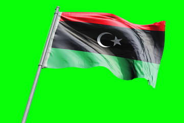 Libya Flag on Flagpole. Waving Rippled Flag Pole in the Wind.Design llustration in Silk Fabric Texture. Isolated on Chroma Key Green Screen Background