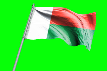 Madagascar Flag on Flagpole. Waving Rippled Flag Pole in the Wind.Design llustration in Silk Fabric Texture. Isolated on Chroma Key Green Screen Background