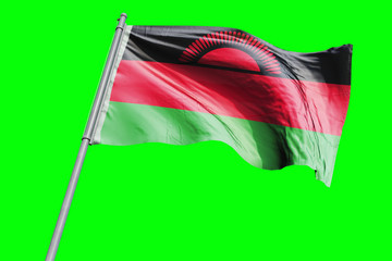 Malawi Flag on Flagpole. Waving Rippled Flag Pole in the Wind.Design llustration in Silk Fabric Texture. Isolated on Chroma Key Green Screen Background