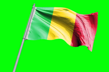 Mali Flag on Flagpole. Waving Rippled Flag Pole in the Wind.Design llustration in Silk Fabric Texture. Isolated on Chroma Key Green Screen Background
