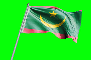 Mauritania Flag on Flagpole. Waving Rippled Flag Pole in the Wind.Design llustration in Silk Fabric Texture. Isolated on Chroma Key Green Screen Background