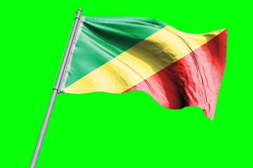 Republic of the Congo Flag on Flagpole. Waving Rippled Flag Pole in the Wind.Design llustration in Silk Fabric Texture. Isolated on Chroma Key Green Screen Background