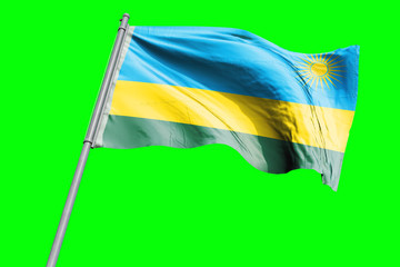 Rwanda Flag on Flagpole. Waving Rippled Flag Pole in the Wind.Design llustration in Silk Fabric Texture. Isolated on Chroma Key Green Screen Background