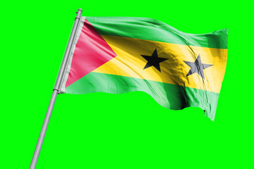 Sao Tome Flag on Flagpole. Waving Rippled Flag Pole in the Wind.Design llustration in Silk Fabric Texture. Isolated on Chroma Key Green Screen Background
