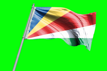 Seychelles Flag on Flagpole. Waving Rippled Flag Pole in the Wind.Design llustration in Silk Fabric Texture. Isolated on Chroma Key Green Screen Background