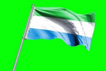 Sierra Leone Flag on Flagpole. Waving Rippled Flag Pole in the Wind.Design llustration in Silk Fabric Texture. Isolated on Chroma Key Green Screen Background