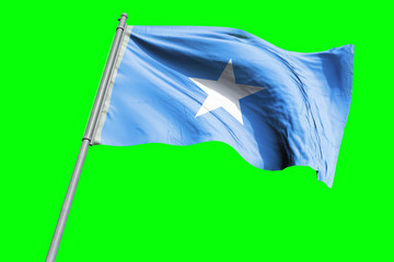 Somalia Flag on Flagpole. Waving Rippled Flag Pole in the Wind.Design llustration in Silk Fabric Texture. Isolated on Chroma Key Green Screen Background