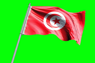 Tunisia Flag on Flagpole. Waving Rippled Flag Pole in the Wind.Design llustration in Silk Fabric Texture. Isolated on Chroma Key Green Screen Background