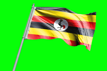 Uganda Flag on Flagpole. Waving Rippled Flag Pole in the Wind.Design llustration in Silk Fabric Texture. Isolated on Chroma Key Green Screen Background
