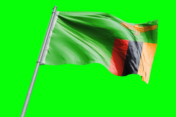 Zambia Flag on Flagpole. Waving Rippled Flag Pole in the Wind.Design llustration in Silk Fabric Texture. Isolated on Chroma Key Green Screen Background