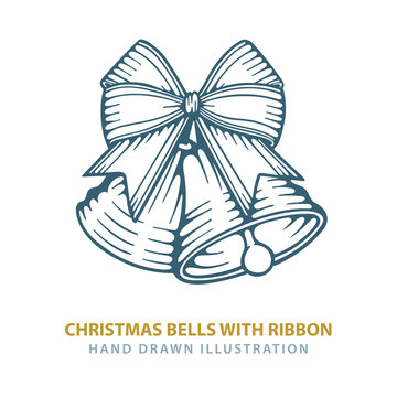 Bell. Hand drawn Christmas bell with bow and light rays. Retro style sketch drawing Christmas bells illustration. Christmas and New Year decoration symbol. Part of set.
