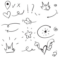 collection of doodle Swishes, swoops, emphasis doodles. Highlight text elements, calligraphy swirl, tail, flower, heart, graffiti crown.vector