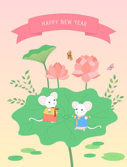New year card design with lotus and mouse.